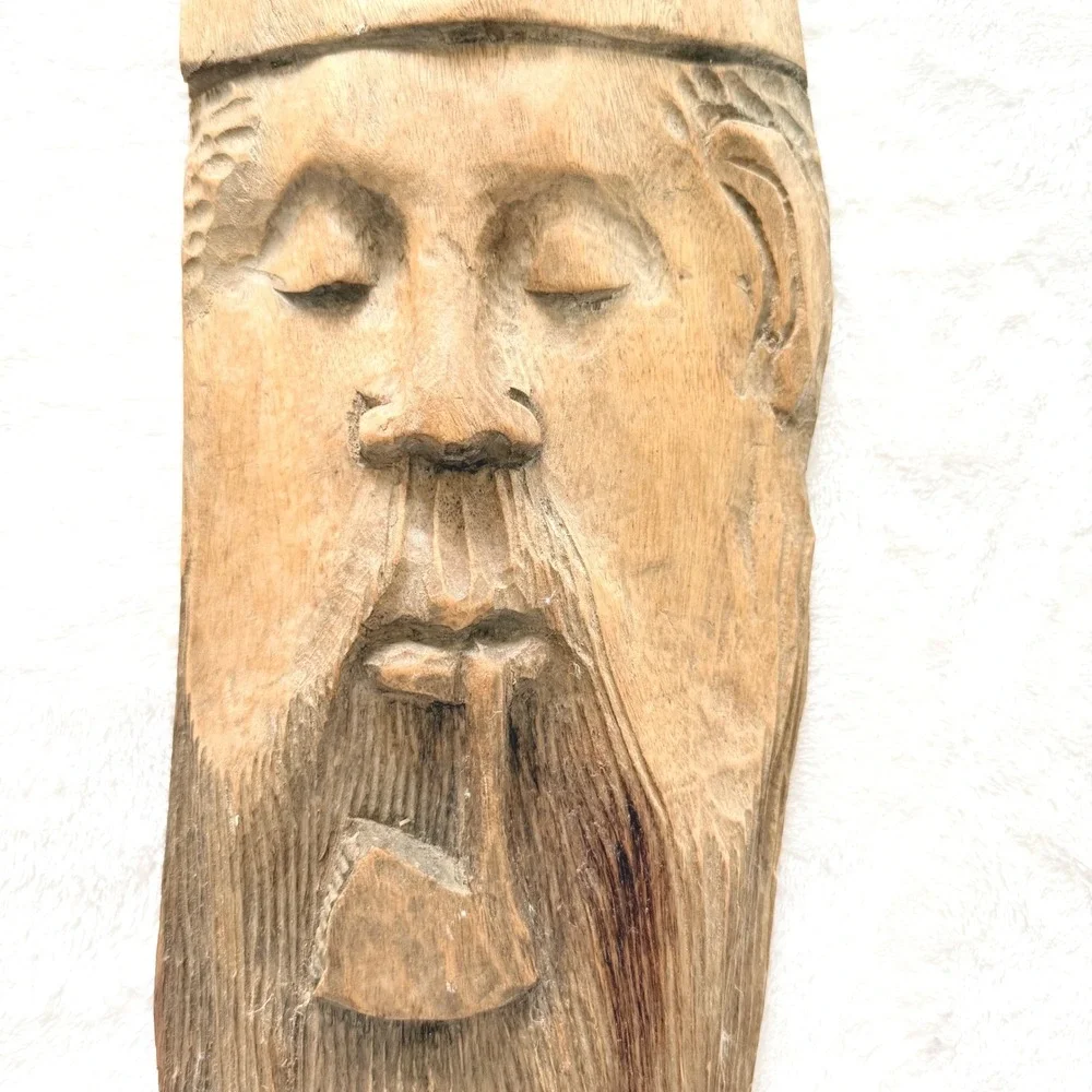 Vintage 70 Hand Carved Wooden Asian Sage Wall Mask Rustic Folk Art Hanging Decor